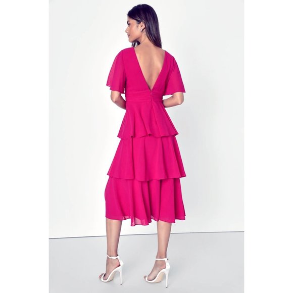 Lulu's Vibrant Pink Tiered Midi Dress - Picture 2 of 3
